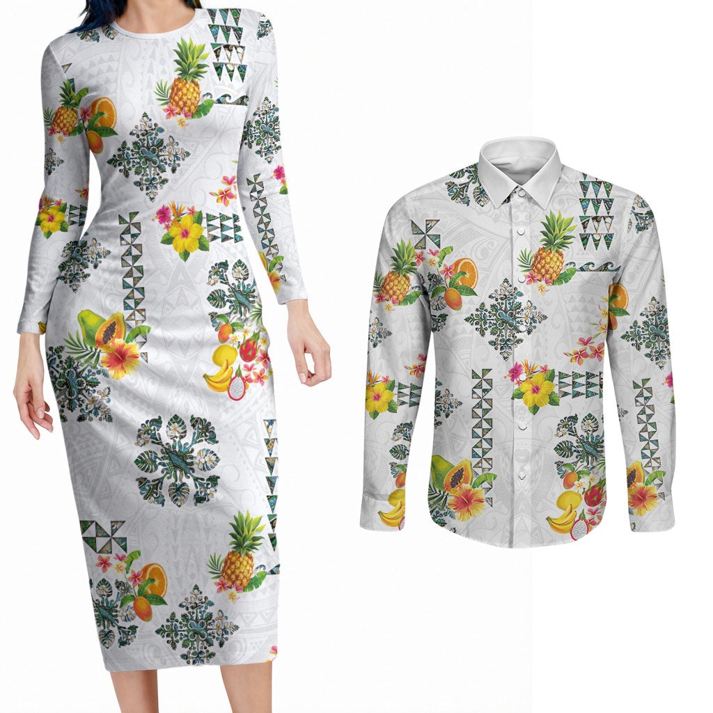 Hawaiian Quilts Couples Matching Long Sleeve Bodycon Dress and Long Sleeve Button Shirt Tropical Fruits and Plants