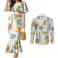 Hawaiian Quilts Couples Matching Mermaid Dress and Long Sleeve Button Shirt Tropical Fruits and Plants