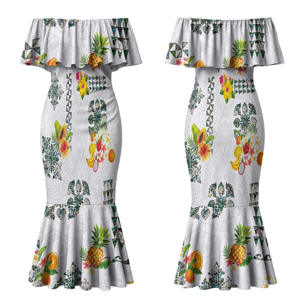 Hawaiian Quilts Couples Matching Mermaid Dress and Long Sleeve Button Shirt Tropical Fruits and Plants