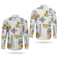 Hawaiian Quilts Couples Matching Off Shoulder Short Dress and Long Sleeve Button Shirt Tropical Fruits and Plants