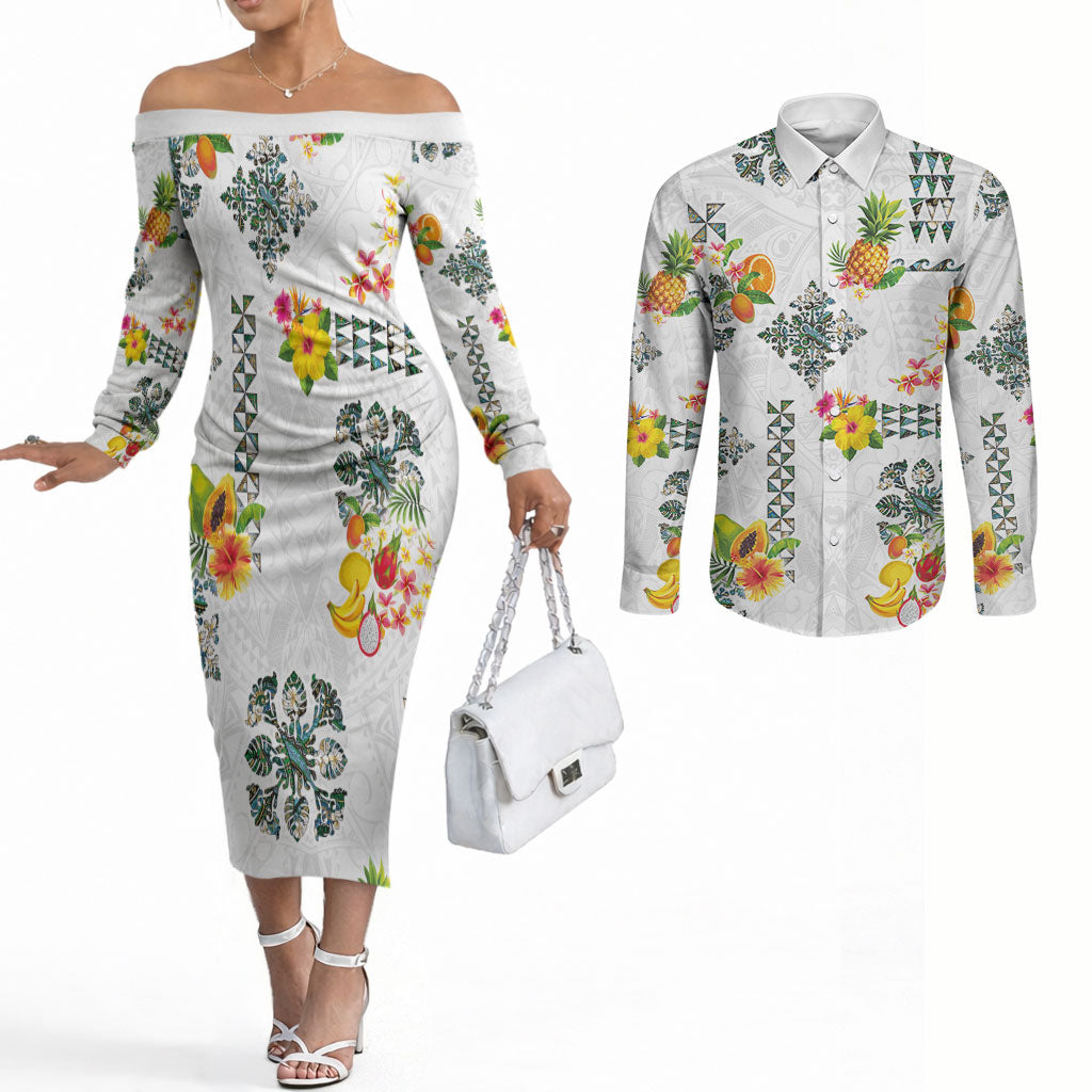 Hawaiian Quilts Couples Matching Off The Shoulder Long Sleeve Dress and Long Sleeve Button Shirt Tropical Fruits and Plants