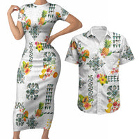 Hawaiian Quilts Couples Matching Short Sleeve Bodycon Dress and Hawaiian Shirt Tropical Fruits and Plants LT03 White - Polynesian Pride