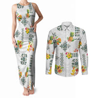 Hawaiian Quilts Couples Matching Tank Maxi Dress and Long Sleeve Button Shirt Tropical Fruits and Plants