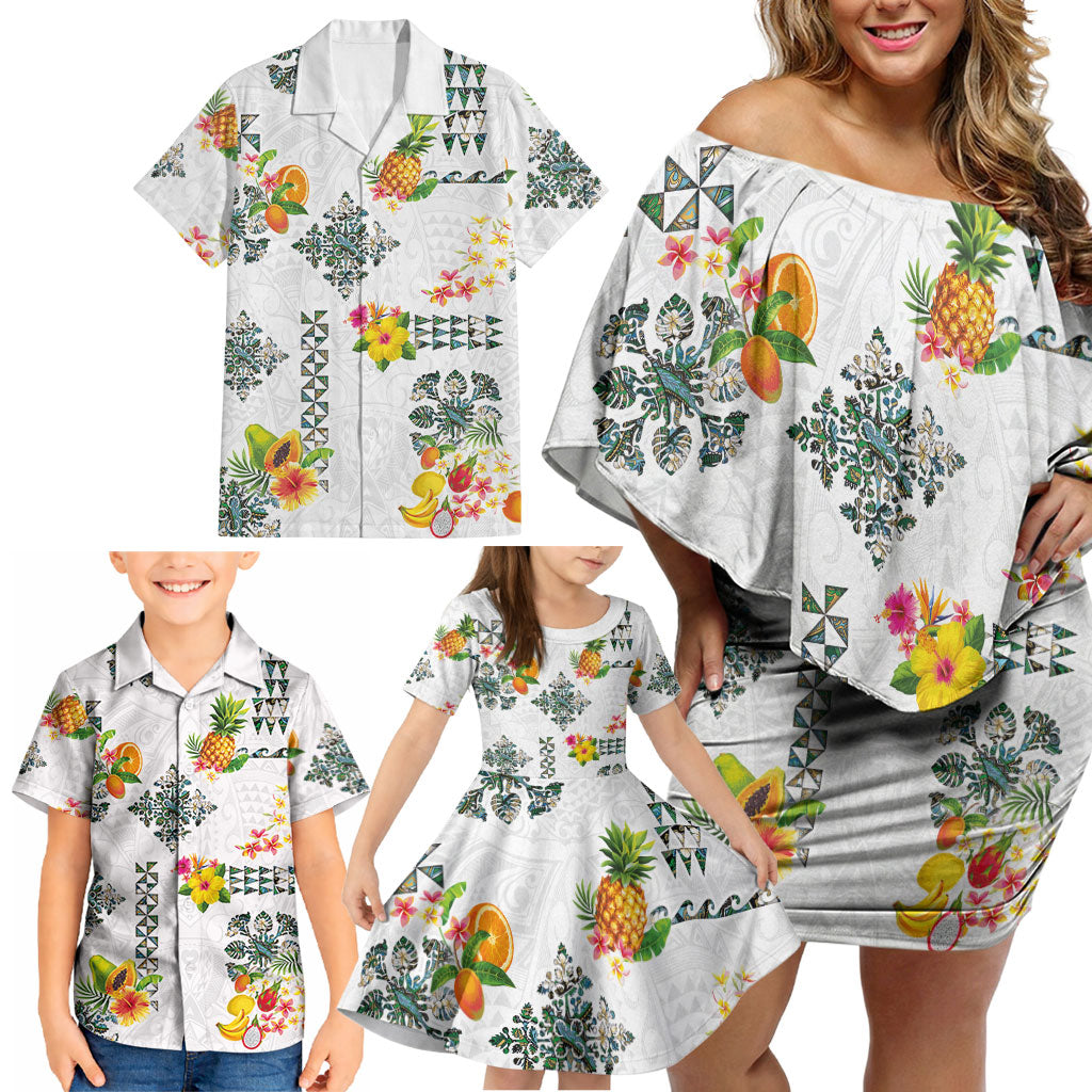 Hawaiian Quilts Family Matching Off Shoulder Short Dress and Hawaiian Shirt Tropical Fruits and Plants