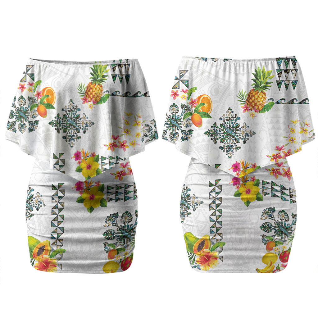 Hawaiian Quilts Family Matching Off Shoulder Short Dress and Hawaiian Shirt Tropical Fruits and Plants