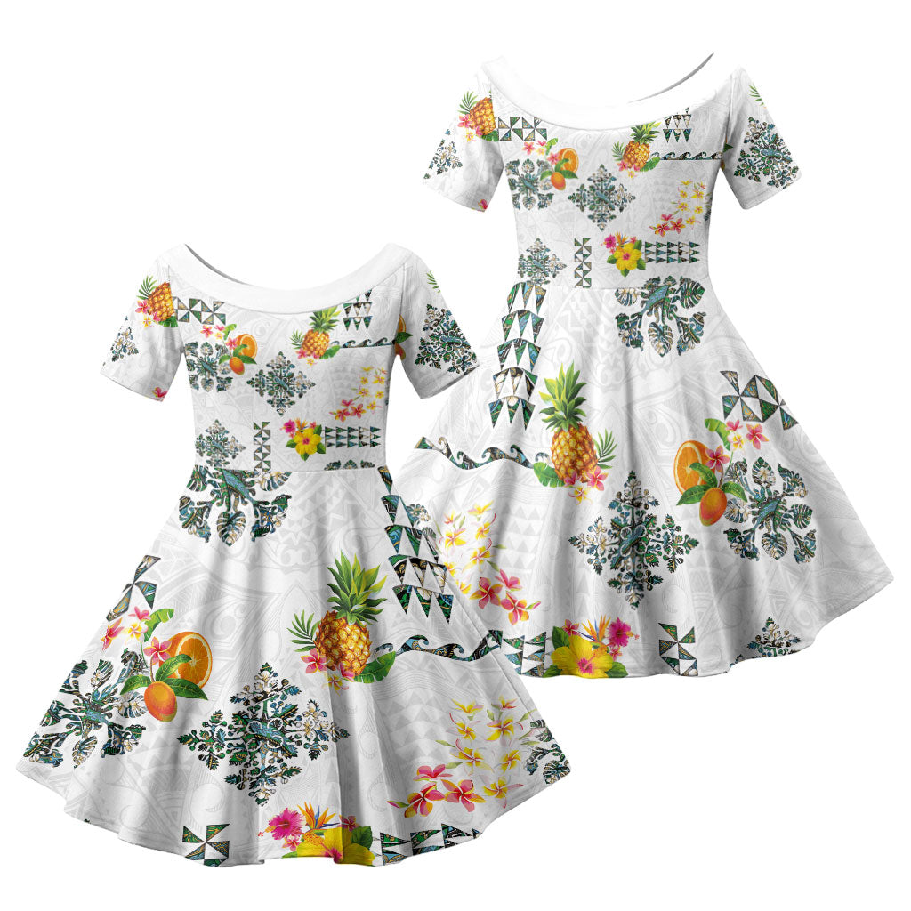 Hawaiian Quilts Family Matching Off Shoulder Short Dress and Hawaiian Shirt Tropical Fruits and Plants