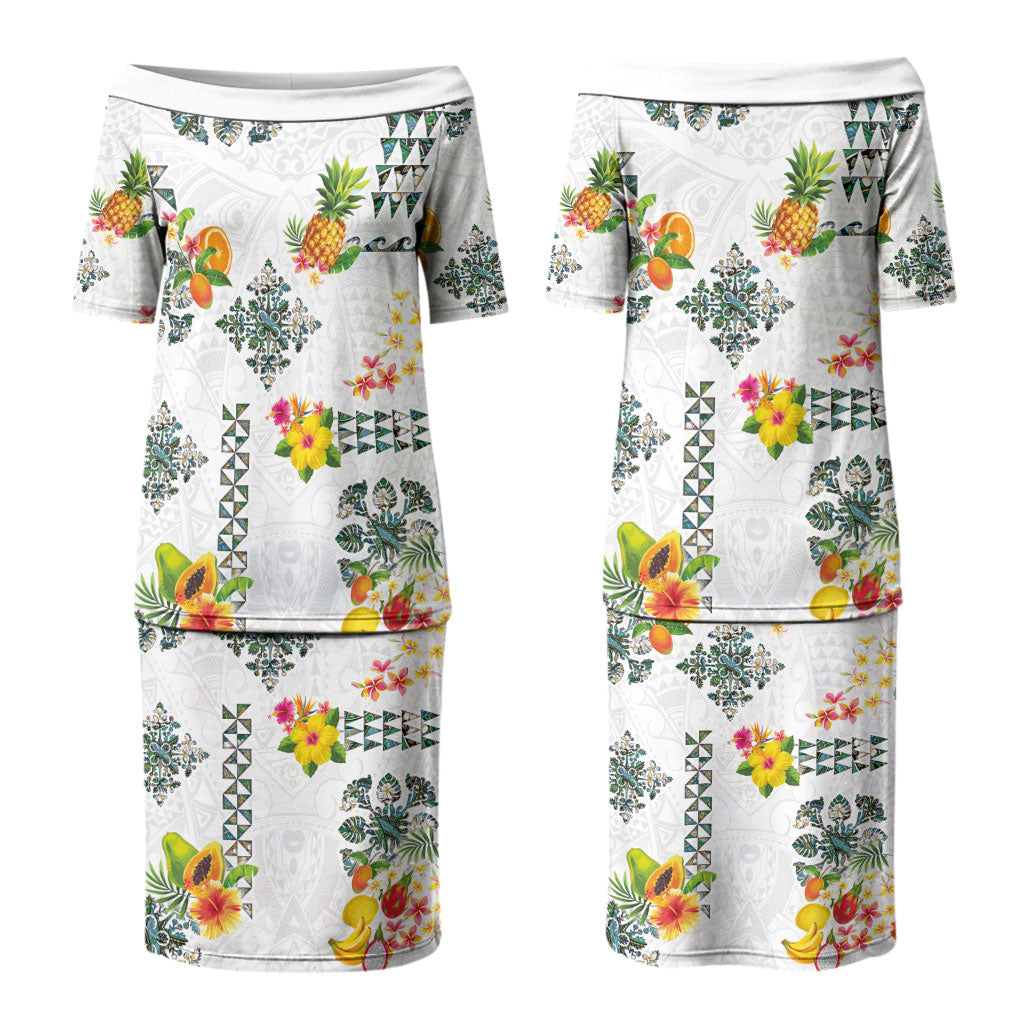 Hawaiian Quilts Family Matching Puletasi and Hawaiian Shirt Tropical Fruits and Plants LT03 Mom's Dress White - Polynesian Pride