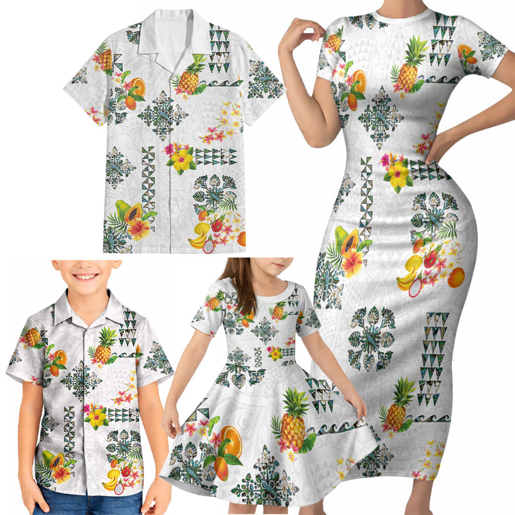 Hawaiian Quilts Family Matching Short Sleeve Bodycon Dress and Hawaiian Shirt Tropical Fruits and Plants