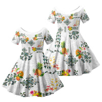 Hawaiian Quilts Family Matching Short Sleeve Bodycon Dress and Hawaiian Shirt Tropical Fruits and Plants