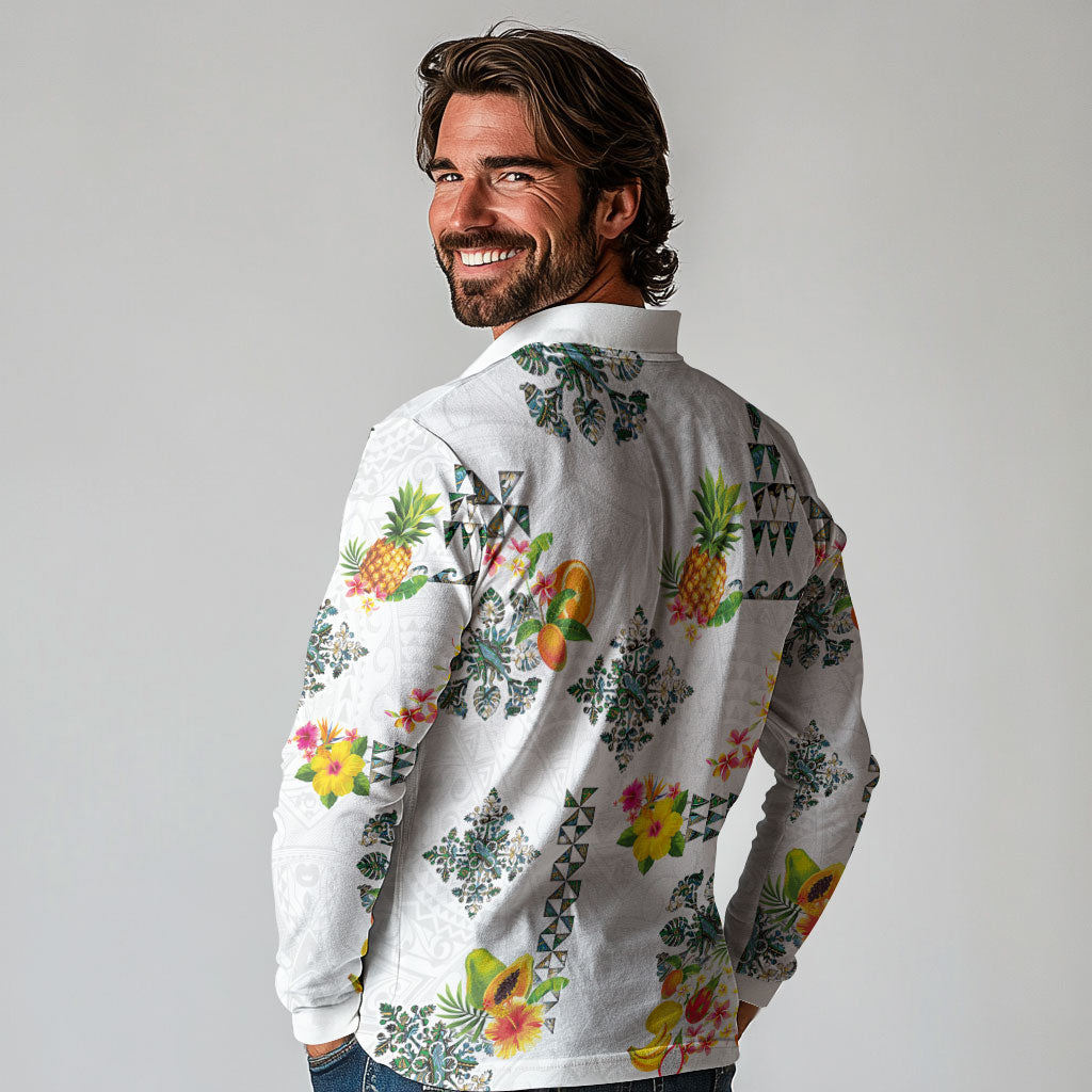 Hawaiian Quilts Long Sleeve Polo Shirt Tropical Fruits and Plants