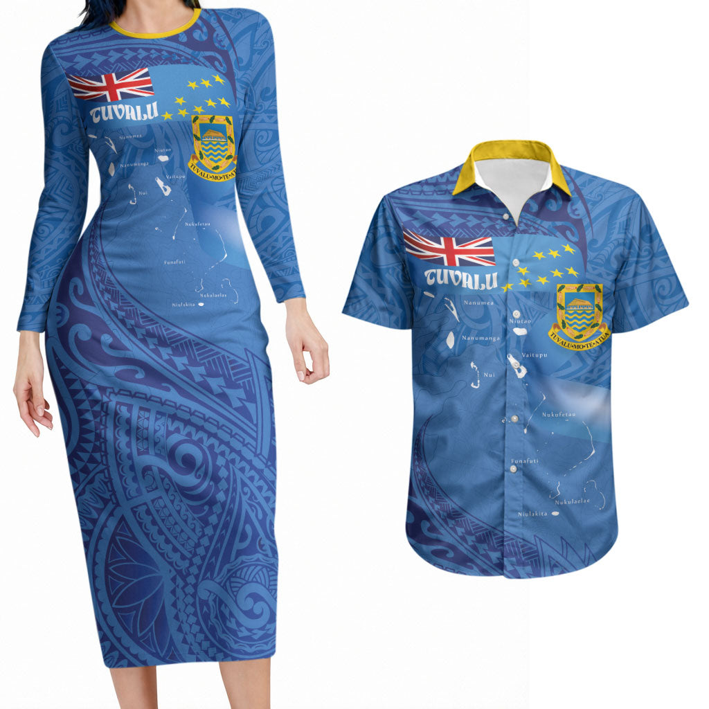 Tuvalu Heritage Couples Matching Long Sleeve Bodycon Dress and Hawaiian Shirt Map of the Islands and Polynesia Pattern