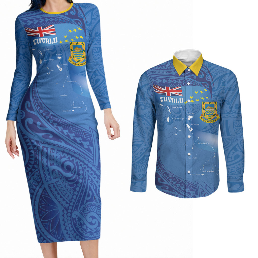 Tuvalu Heritage Couples Matching Long Sleeve Bodycon Dress and Long Sleeve Button Shirt Map of the Islands and Polynesia Pattern
