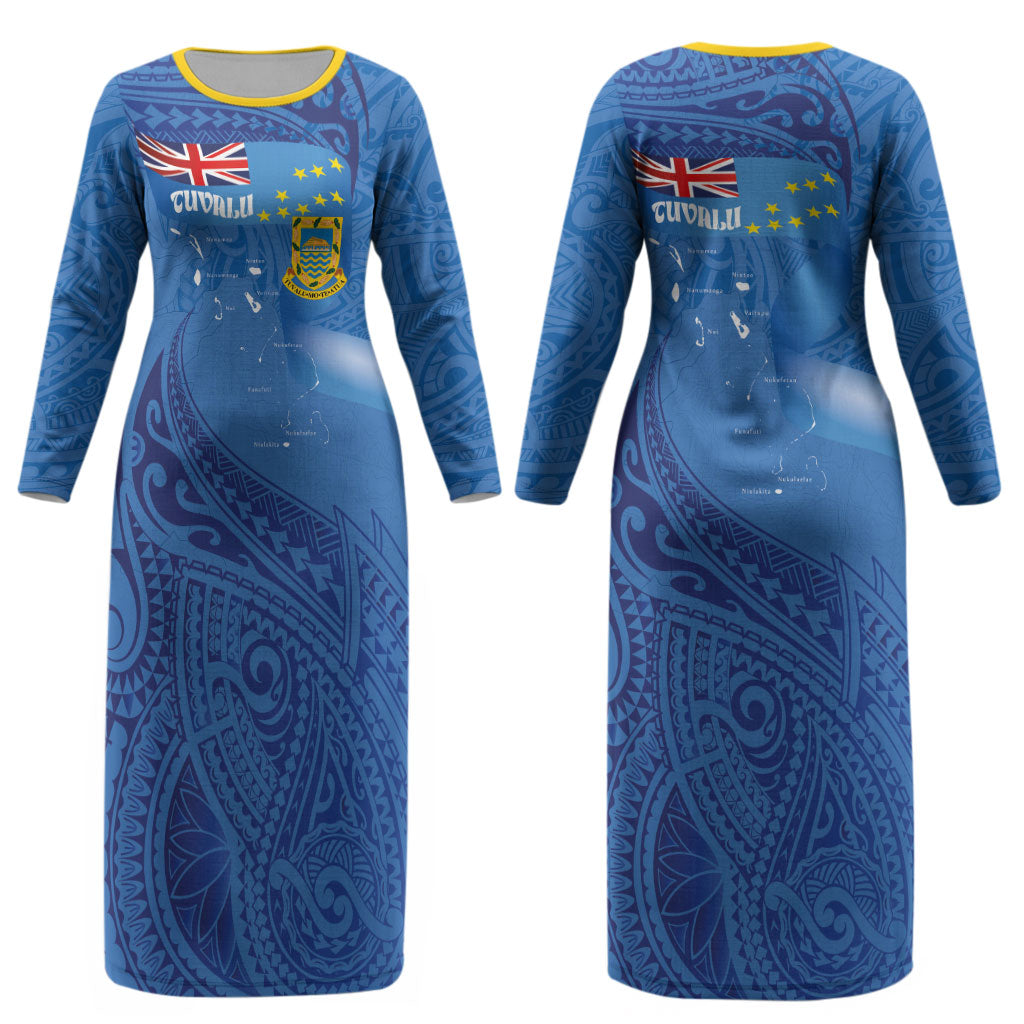 Tuvalu Heritage Couples Matching Long Sleeve Bodycon Dress and Long Sleeve Button Shirt Map of the Islands and Polynesia Pattern