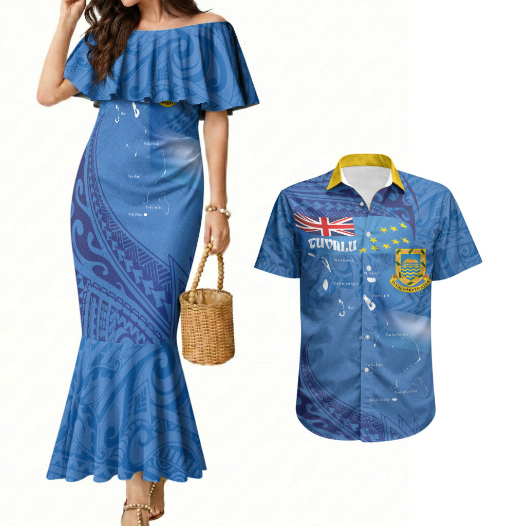 Tuvalu Heritage Couples Matching Mermaid Dress and Hawaiian Shirt Map of the Islands and Polynesia Pattern