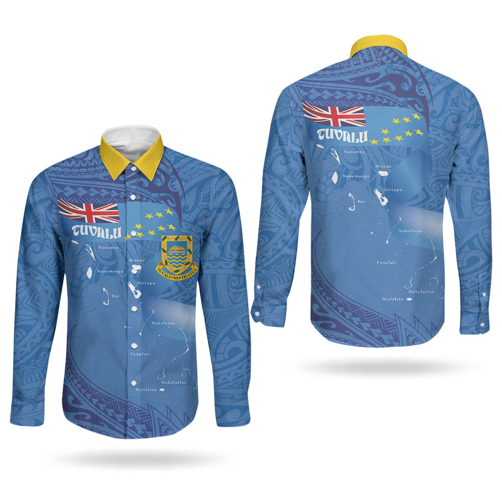 Tuvalu Heritage Couples Matching Mermaid Dress and Long Sleeve Button Shirt Map of the Islands and Polynesia Pattern