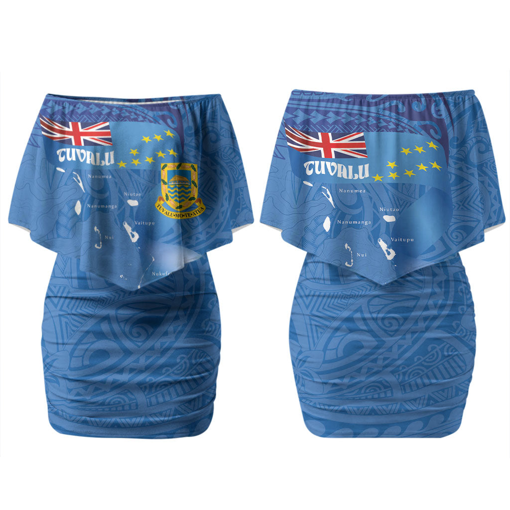 Tuvalu Heritage Couples Matching Off Shoulder Short Dress and Long Sleeve Button Shirt Map of the Islands and Polynesia Pattern