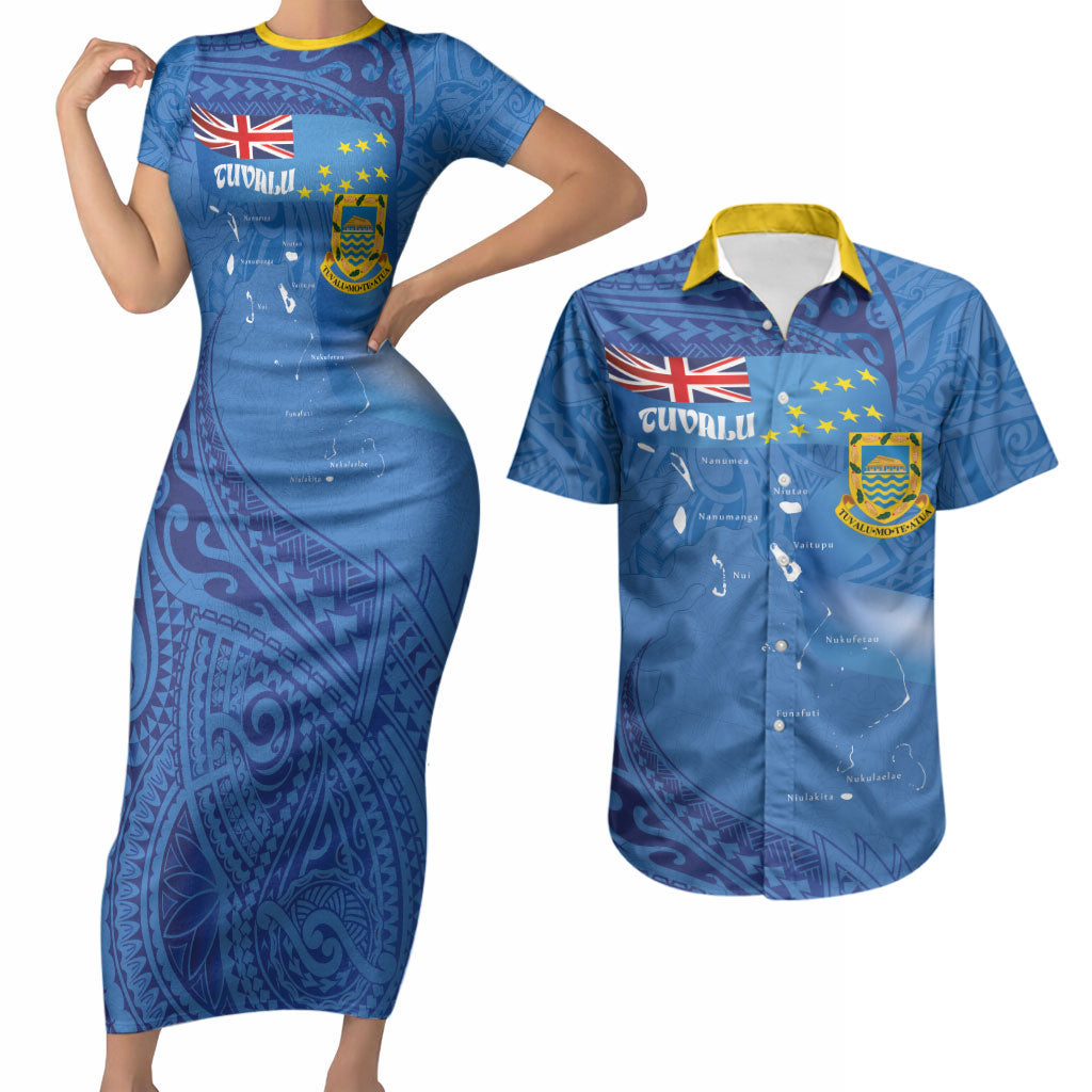 Tuvalu Heritage Couples Matching Short Sleeve Bodycon Dress and Hawaiian Shirt Map of the Islands and Polynesia Pattern