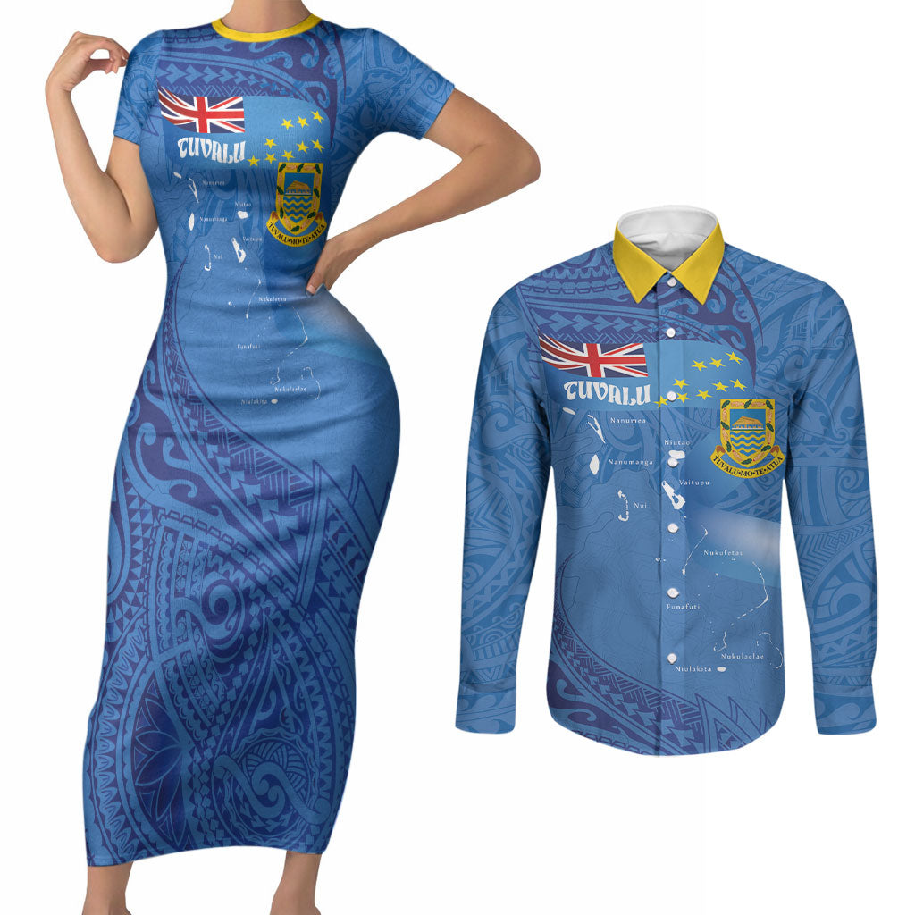Tuvalu Heritage Couples Matching Short Sleeve Bodycon Dress and Long Sleeve Button Shirt Map of the Islands and Polynesia Pattern