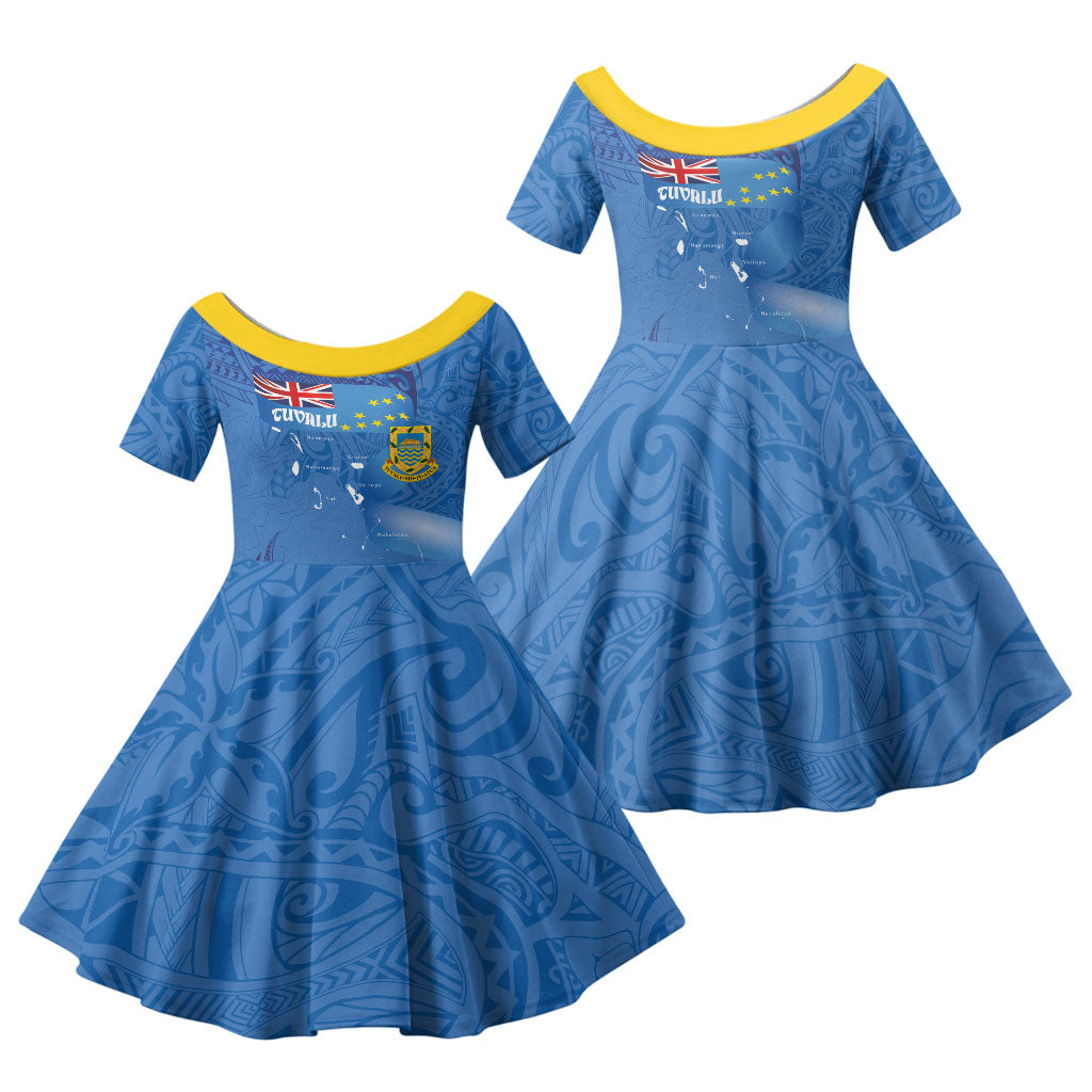 Tuvalu Heritage Family Matching Long Sleeve Bodycon Dress and Hawaiian Shirt Map of the Islands and Polynesia Pattern