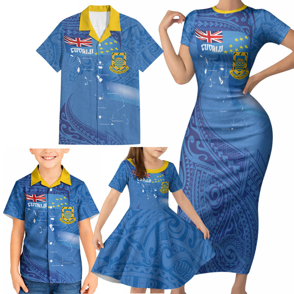 Tuvalu Heritage Family Matching Short Sleeve Bodycon Dress and Hawaiian Shirt Map of the Islands and Polynesia Pattern