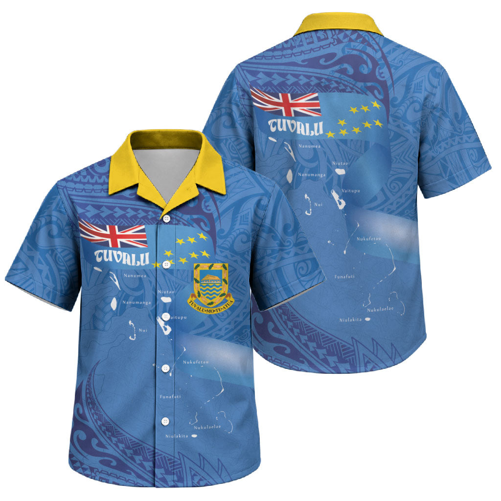 Tuvalu Heritage Family Matching Short Sleeve Bodycon Dress and Hawaiian Shirt Map of the Islands and Polynesia Pattern