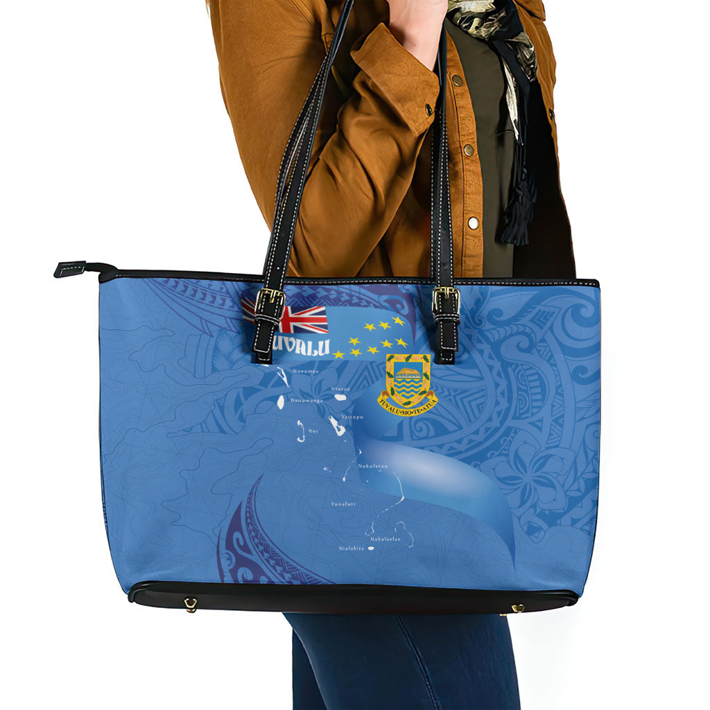 Tuvalu Heritage Leather Tote Bag Map of the Islands and Polynesia Pattern