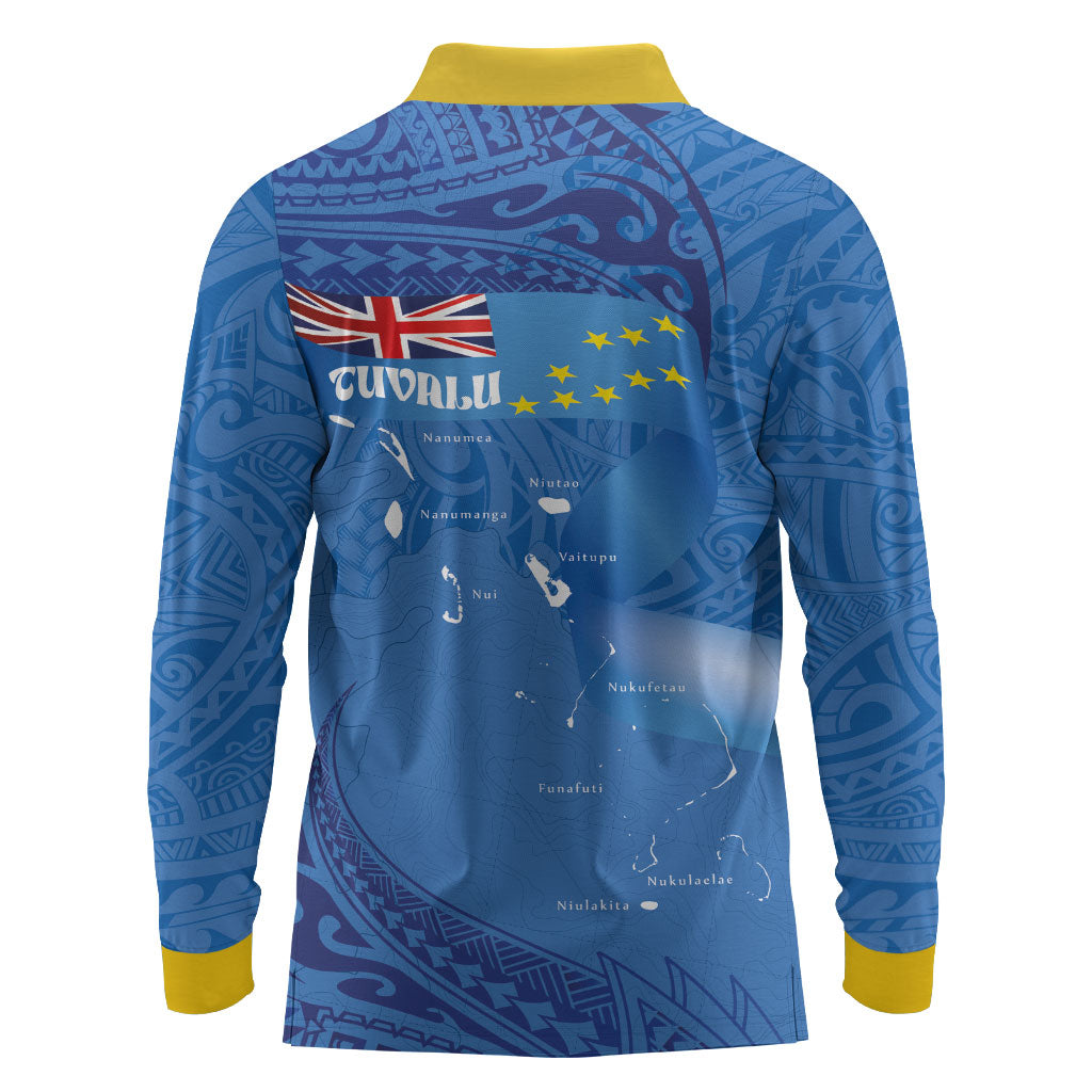 Tuvalu Heritage Long Sleeve Polo Shirt Map of the Islands and Polynesia Pattern