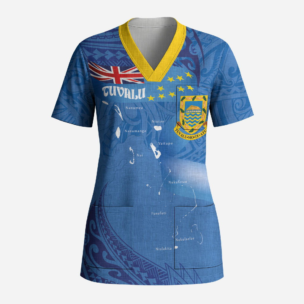 Tuvalu Heritage Scrub Top Map of the Islands and Polynesia Pattern