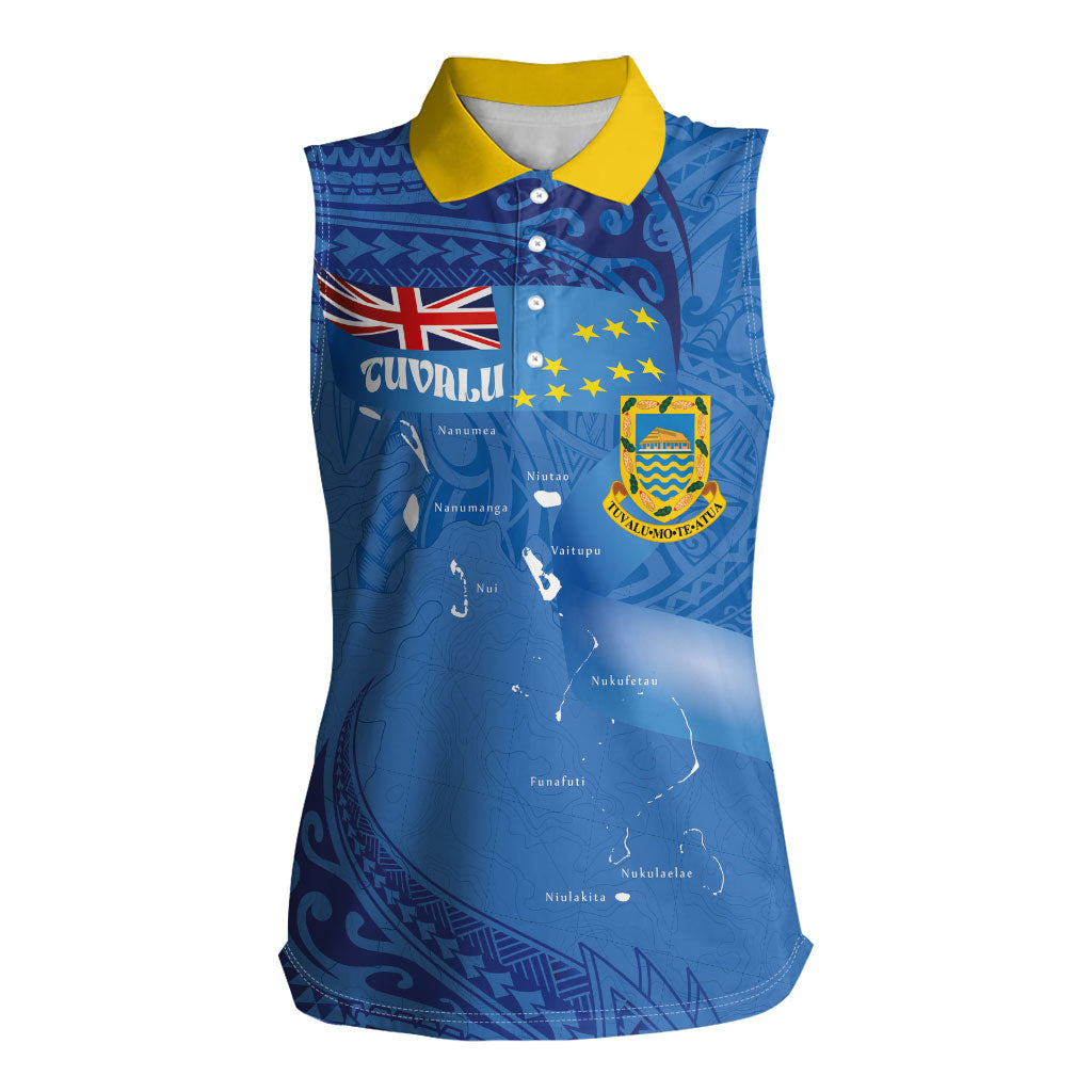 Tuvalu Heritage Women Sleeveless Polo Shirt Map of the Islands and Polynesia Pattern LT03 Female Blue - Polynesian Pride