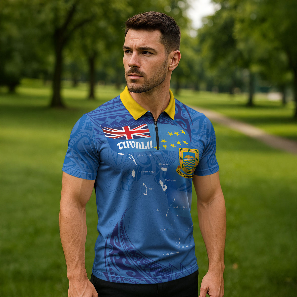 Tuvalu Heritage Zipper Polo Shirt Map of the Islands and Polynesia Pattern