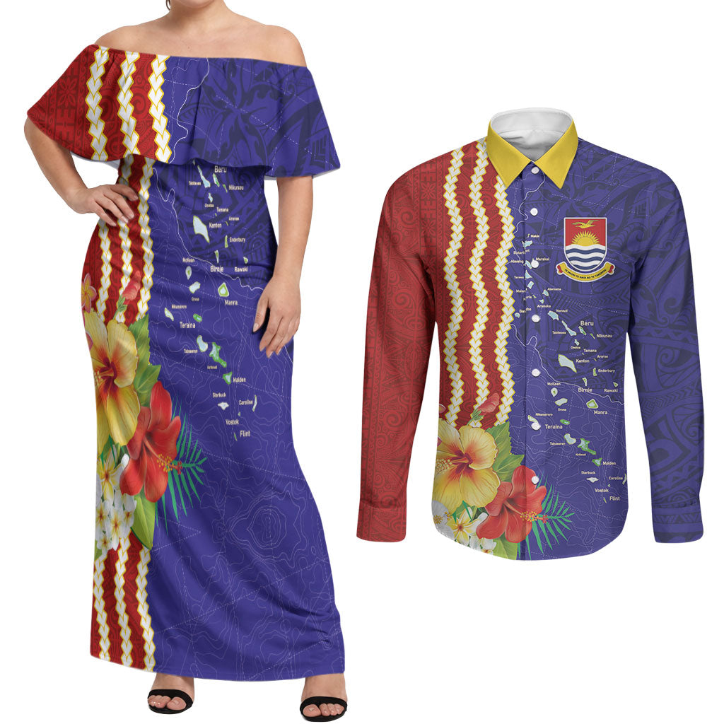 Kiribati Heritage Couples Matching Off Shoulder Maxi Dress and Long Sleeve Button Shirt Map of the Islands and Polynesia Pattern