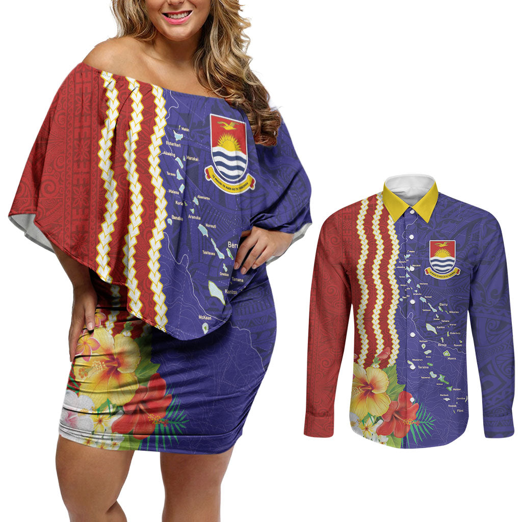 Kiribati Heritage Couples Matching Off Shoulder Short Dress and Long Sleeve Button Shirt Map of the Islands and Polynesia Pattern