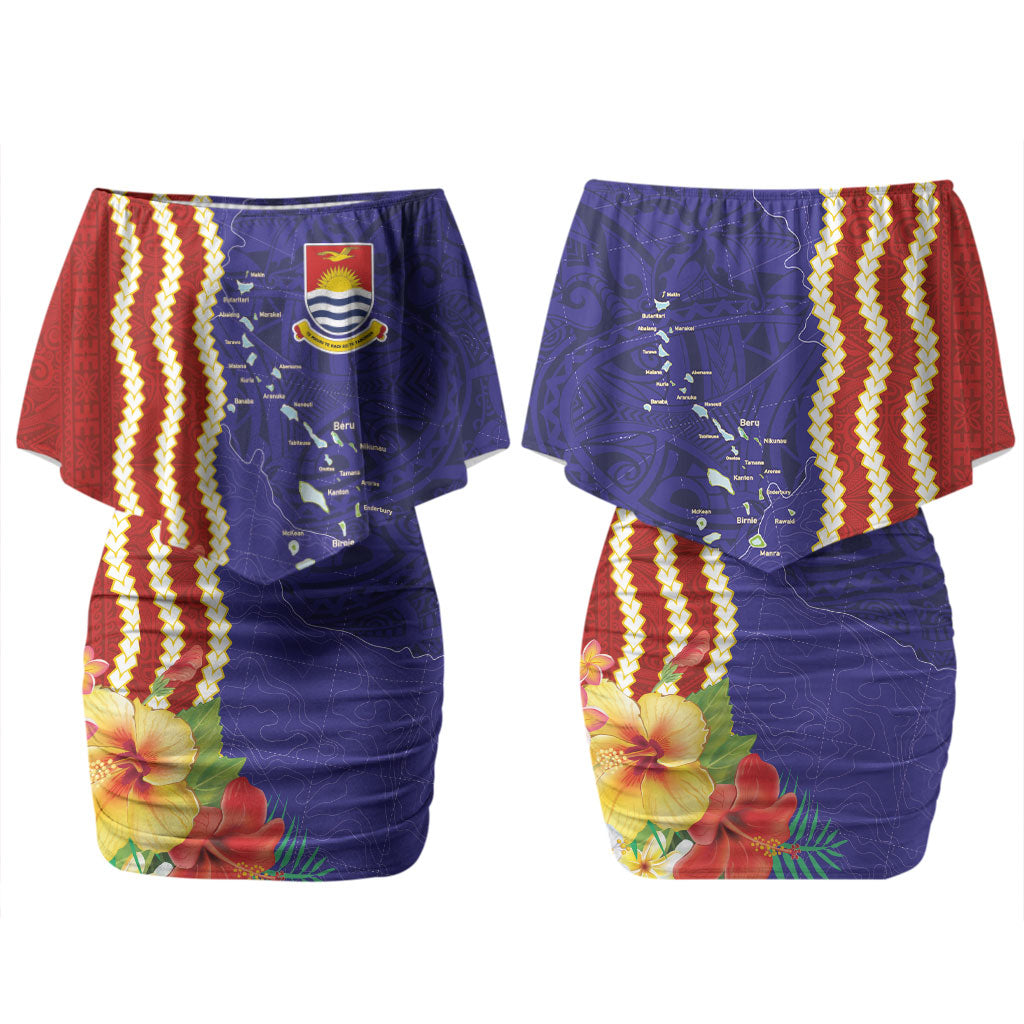 Kiribati Heritage Couples Matching Off Shoulder Short Dress and Long Sleeve Button Shirt Map of the Islands and Polynesia Pattern