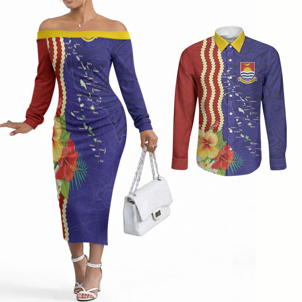 Kiribati Heritage Couples Matching Off The Shoulder Long Sleeve Dress and Long Sleeve Button Shirt Map of the Islands and Polynesia Pattern
