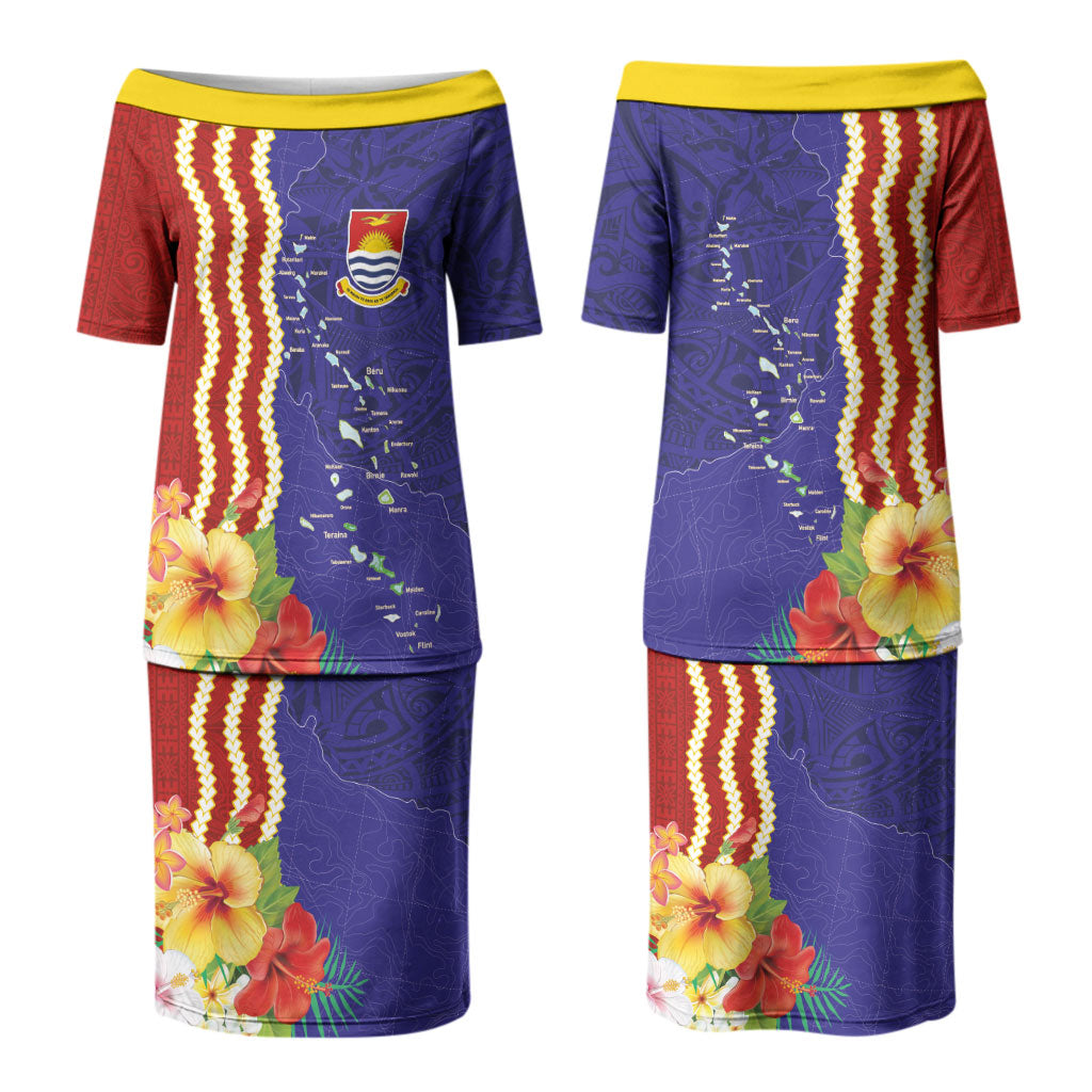 Kiribati Heritage Couples Matching Puletasi and Long Sleeve Button Shirt Map of the Islands and Polynesia Pattern