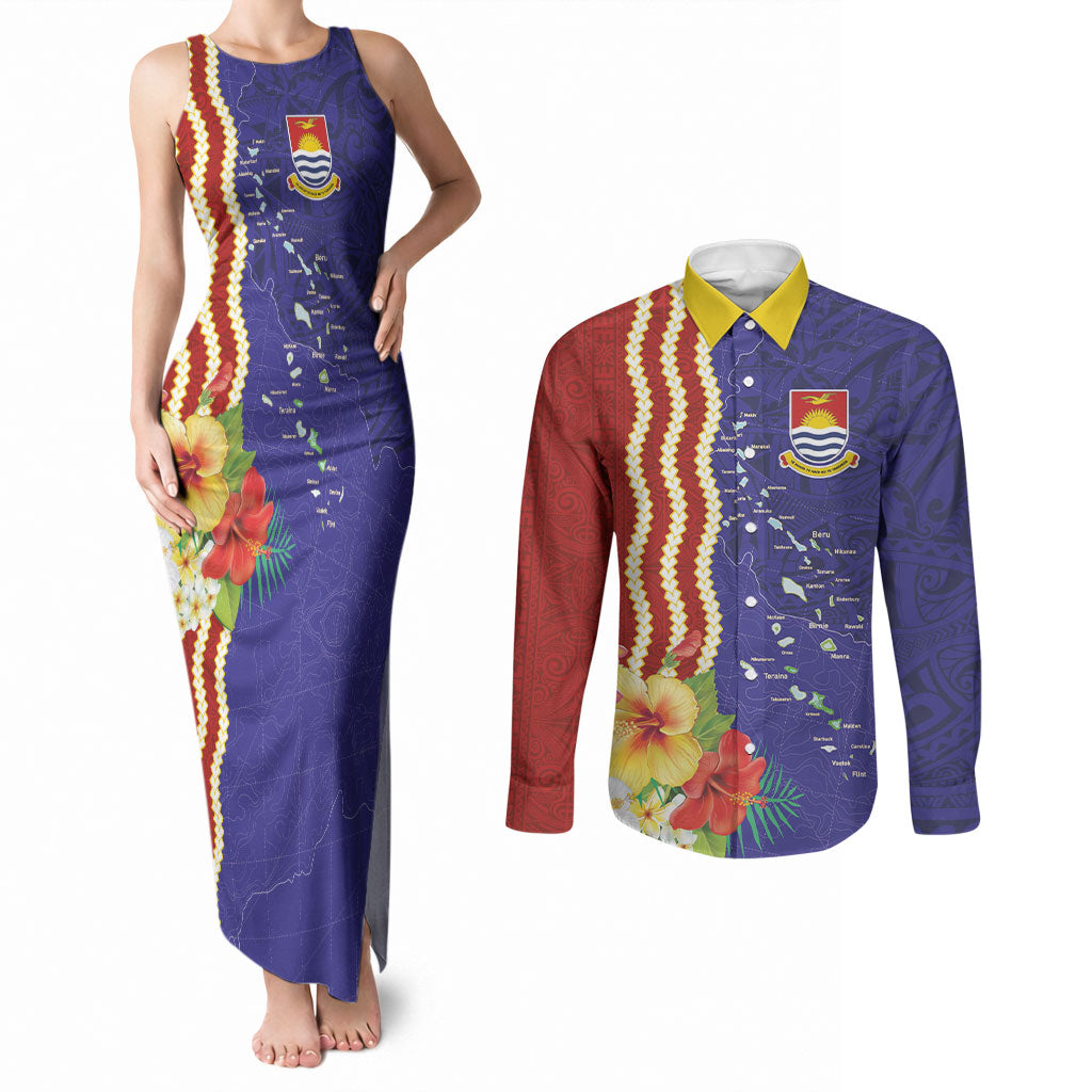 Kiribati Heritage Couples Matching Tank Maxi Dress and Long Sleeve Button Shirt Map of the Islands and Polynesia Pattern