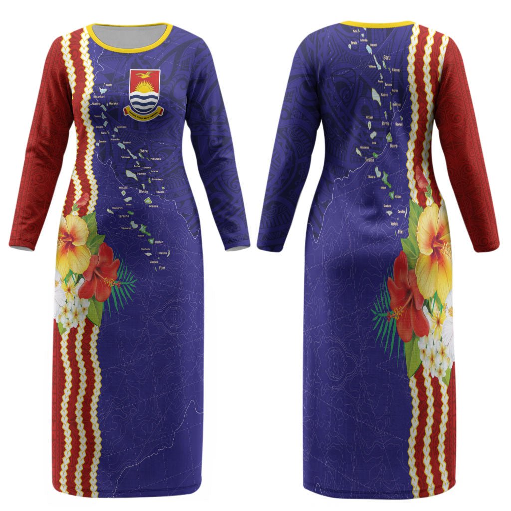 Kiribati Heritage Family Matching Long Sleeve Bodycon Dress and Hawaiian Shirt Map of the Islands and Polynesia Pattern LT03 Mom's Dress Multicolor - Polynesian Pride