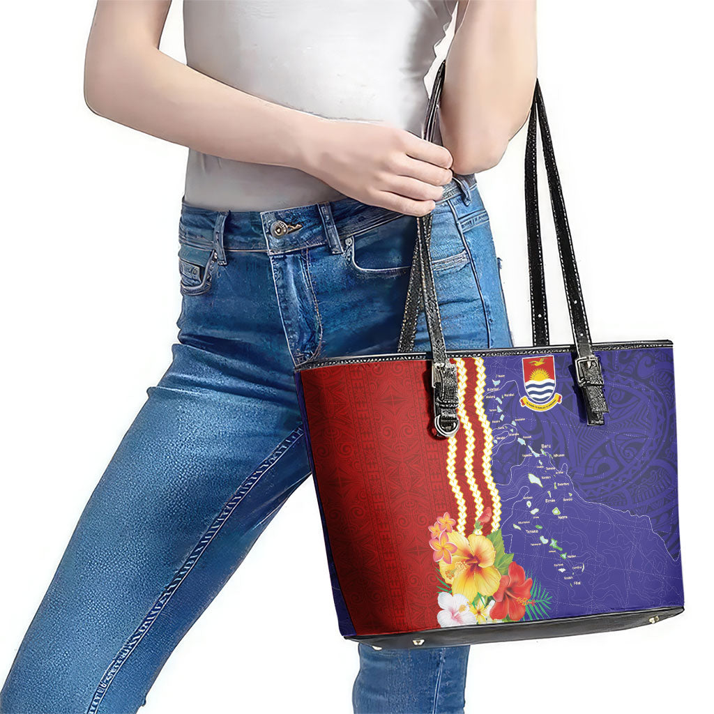 Kiribati Heritage Leather Tote Bag Map of the Islands and Polynesia Pattern