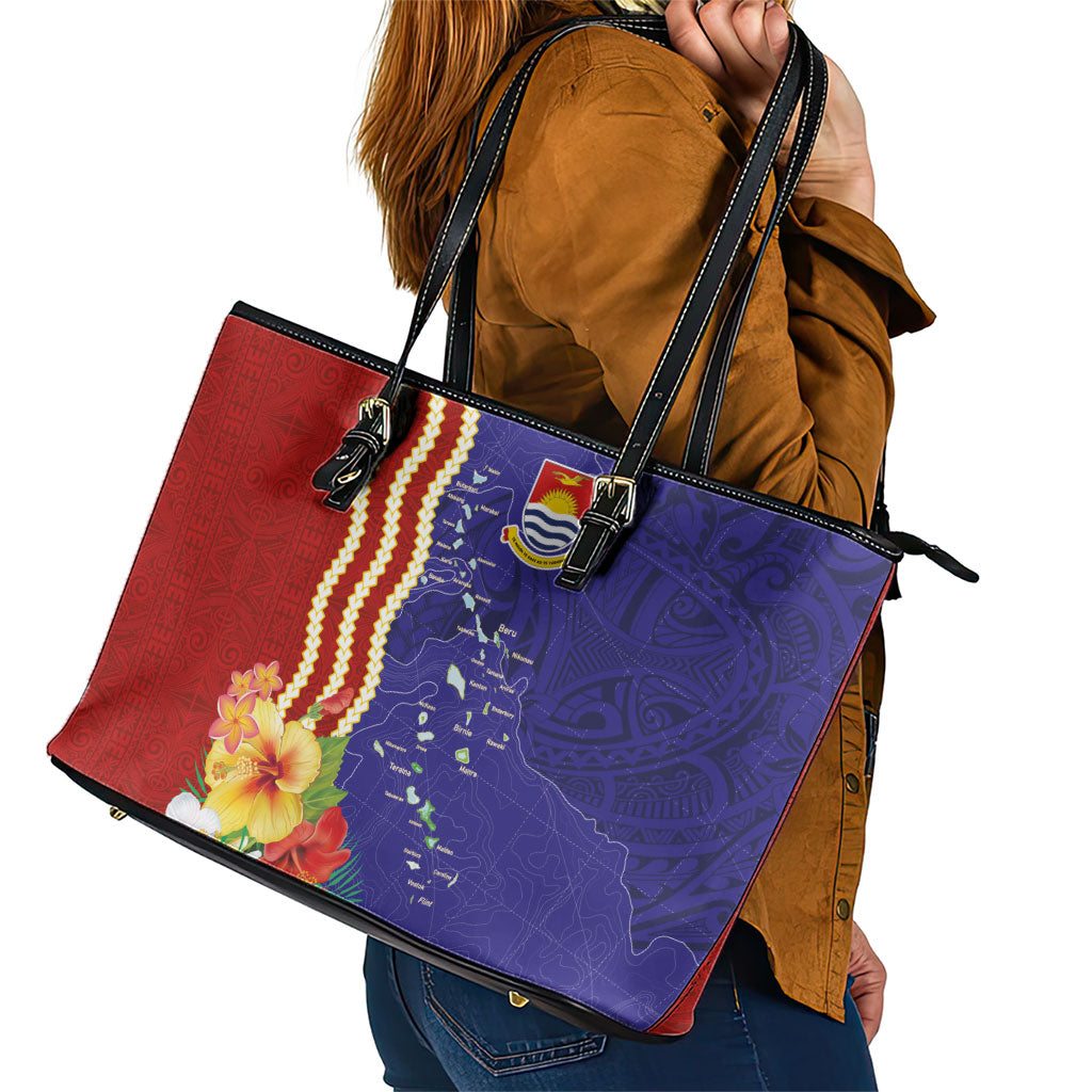 Kiribati Heritage Leather Tote Bag Map of the Islands and Polynesia Pattern