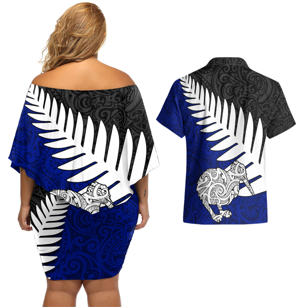 Aotearoa New Zealand Couples Matching Off Shoulder Short Dress and Hawaiian Shirt Silver Fern Kiwi Bird and NZ Map with Maori Tribal Blue Style LT03 - Polynesian Pride