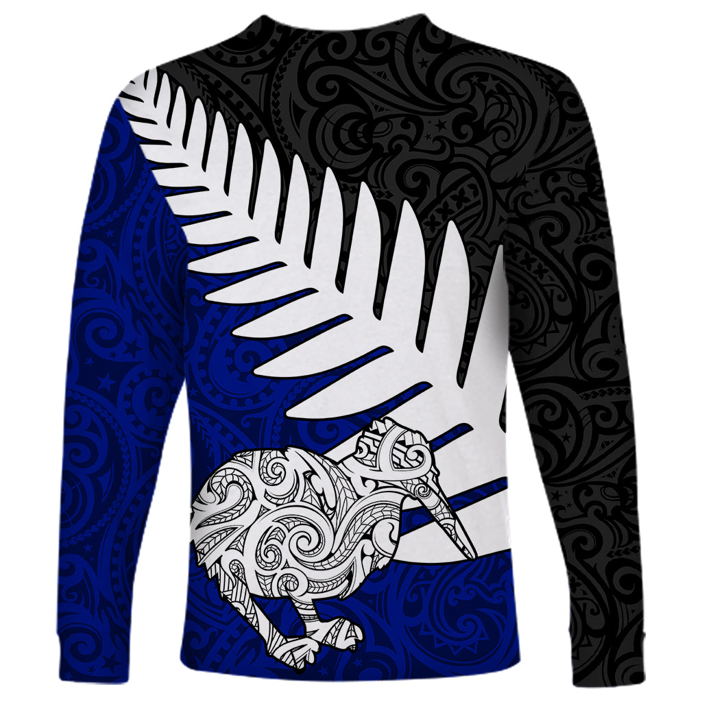 Aotearoa New Zealand Long Sleeve Shirt Silver Fern Kiwi Bird and NZ Map with Maori Tribal Blue Style LT03 - Polynesian Pride
