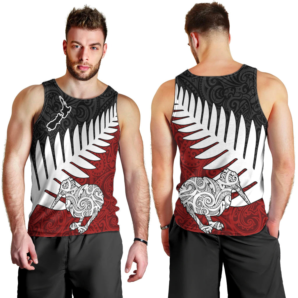 Aotearoa New Zealand Men Tank Top Silver Fern Kiwi Bird and NZ Map with Maori Tribal Red Style LT03 - Polynesian Pride