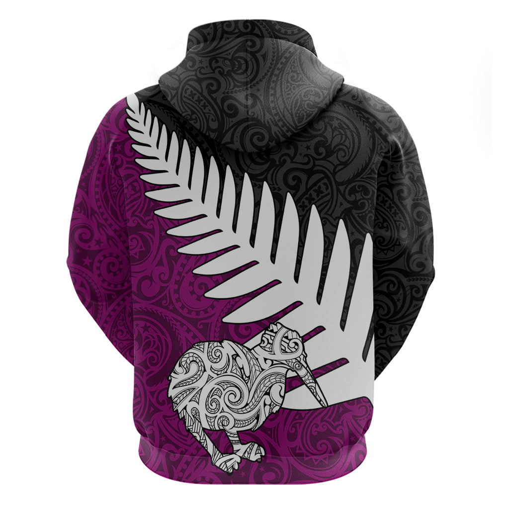 Aotearoa New Zealand Hoodie Silver Fern Kiwi Bird and NZ Map with Maori Tribal Pink Style LT03 - Polynesian Pride