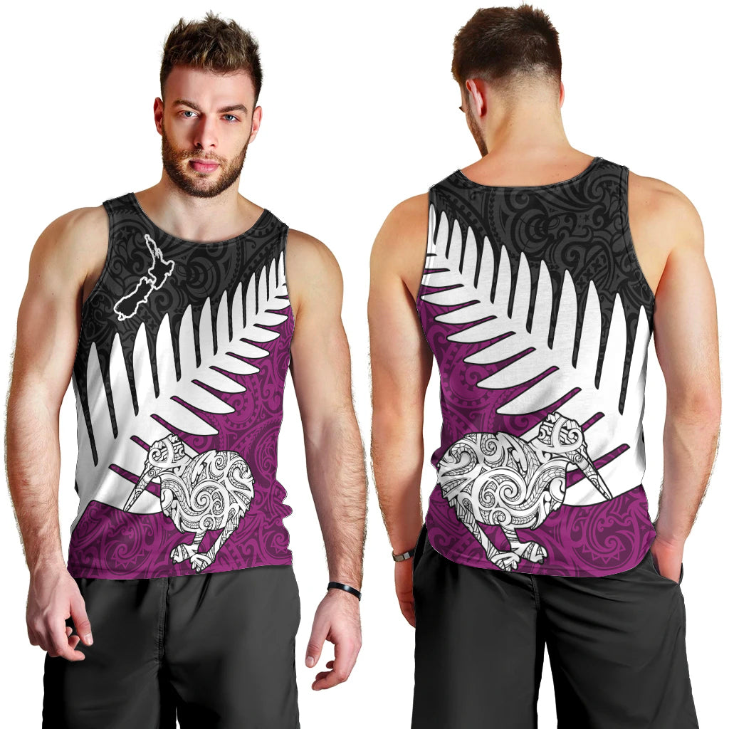 Aotearoa New Zealand Men Tank Top Silver Fern Kiwi Bird and NZ Map with Maori Tribal Pink Style LT03 - Polynesian Pride