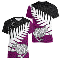 Aotearoa New Zealand Women V Neck T Shirt Silver Fern Kiwi Bird and NZ Map with Maori Tribal Pink Style LT03 - Polynesian Pride