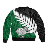 Aotearoa New Zealand Bomber Jacket Silver Fern Kiwi Bird and NZ Map with Maori Tribal Green Style LT03 - Polynesian Pride