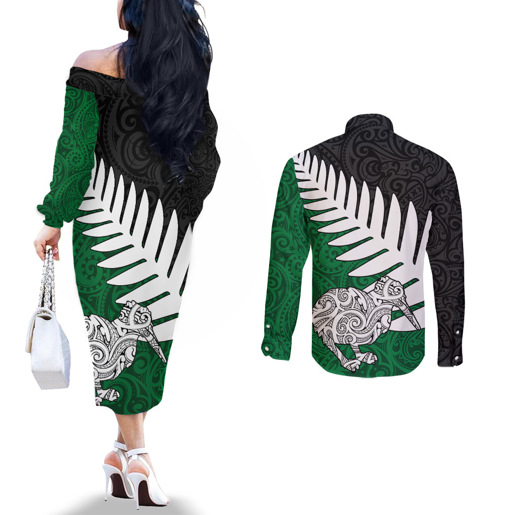 Aotearoa New Zealand Couples Matching Off The Shoulder Long Sleeve Dress and Long Sleeve Button Shirts Silver Fern Kiwi Bird and NZ Map with Maori Tribal Green Style LT03 - Polynesian Pride