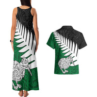 Aotearoa New Zealand Couples Matching Tank Maxi Dress and Hawaiian Shirt Silver Fern Kiwi Bird and NZ Map with Maori Tribal Green Style LT03 - Polynesian Pride