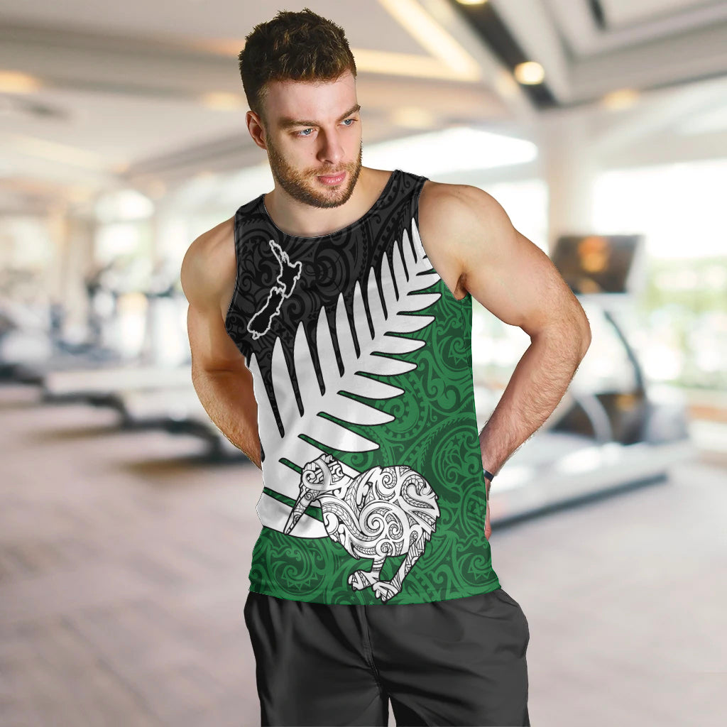 Aotearoa New Zealand Men Tank Top Silver Fern Kiwi Bird and NZ Map with Maori Tribal Green Style LT03 - Polynesian Pride