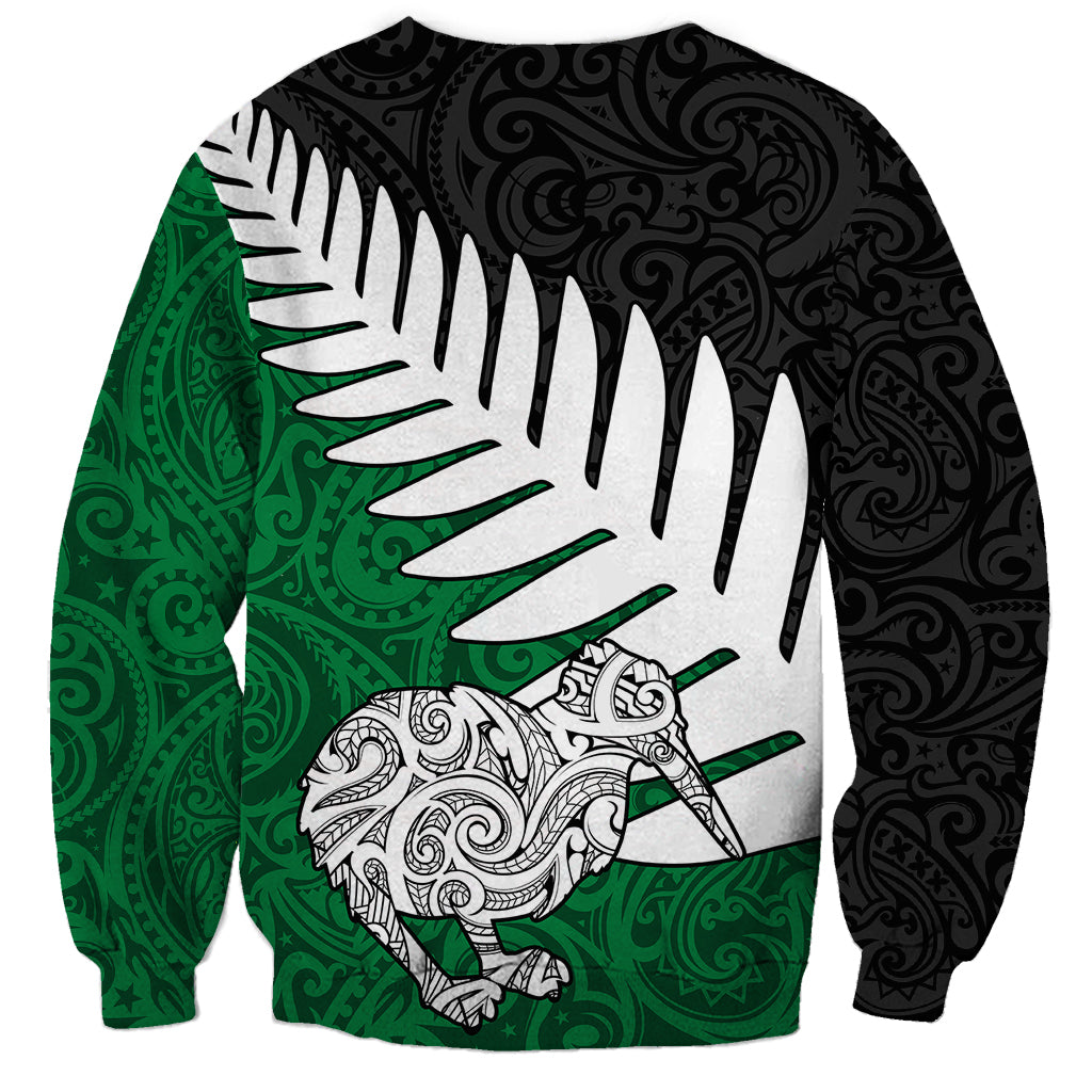 Aotearoa New Zealand Sweatshirt Silver Fern Kiwi Bird and NZ Map with Maori Tribal Green Style LT03 - Polynesian Pride